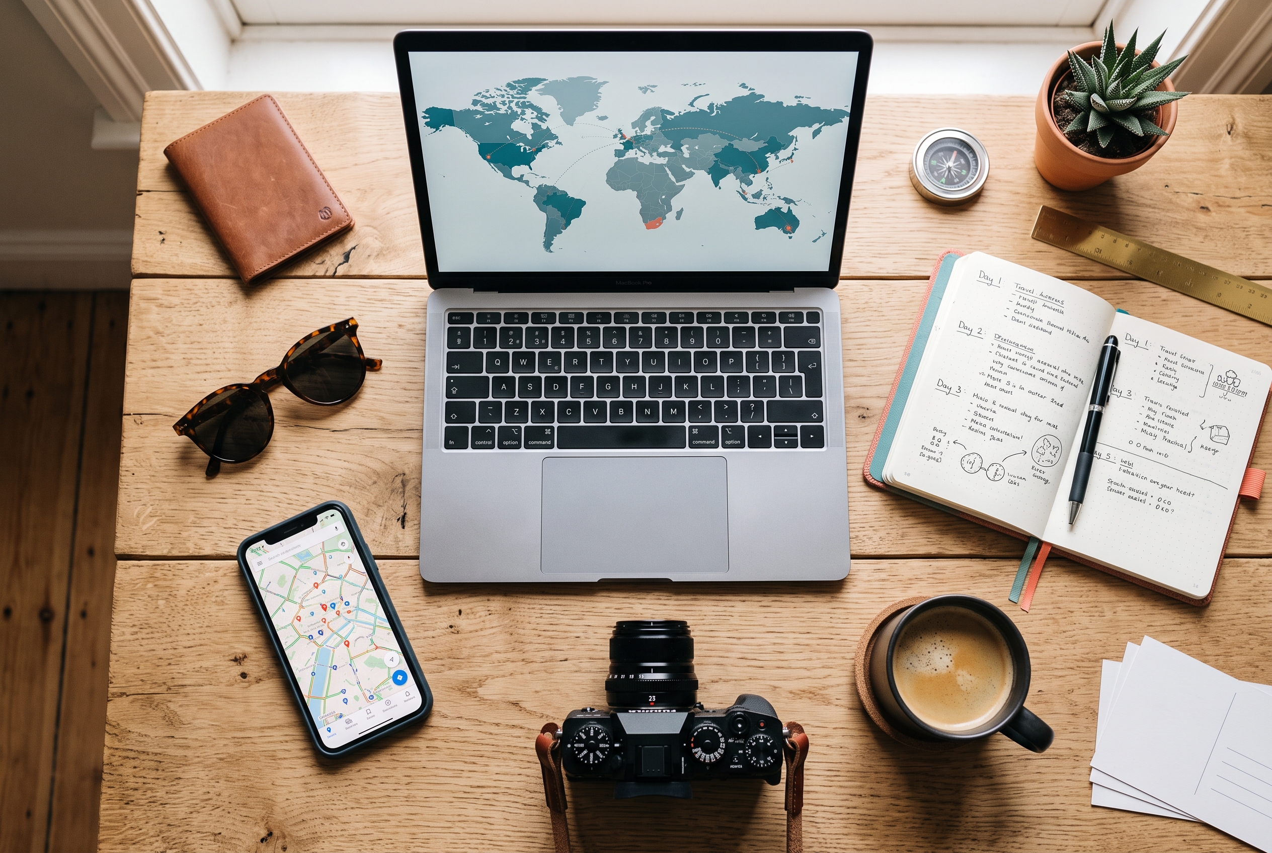 Travel planning desk with laptop and map